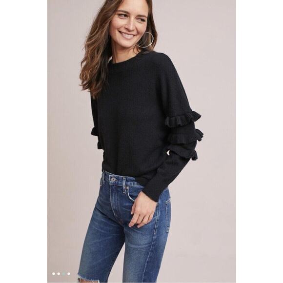 ANTHROPOLOGIE LINE & DOT BLACK SWEATER Size L BLACK TIERED RUFFLES PULLOVER NEW - Picture 2 of 9